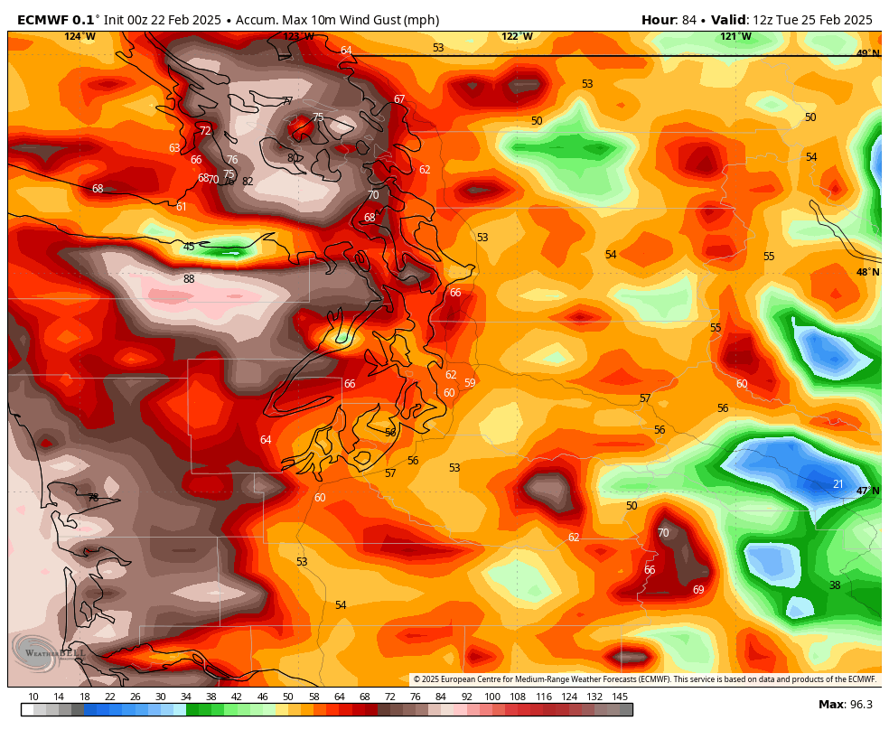 SeattleWXGuy's tweet photo. Not QUITE time for sounding alarms, but if this is showing tomorrow evening it will be. I keep waiting for lucy to pull the football away, and she still has a day to do so. 
 Another very tedious forecast for the Monday system approaching the Pacific NW. The Potential for one of the strongest windstorms in years for the region, needs to be watched closely. Models rapidly trending stronger with this system, and the storm is only 72 hours out. #wawx #orwx #bcstorm Timing is Monday/Monday night.