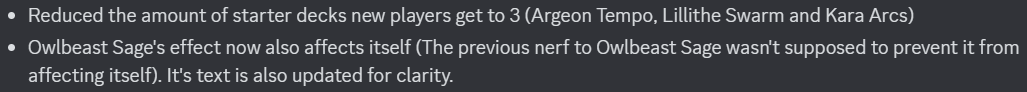 Duelystgg's tweet photo. Patch:
-Reduced the amount of starter decks new players get to 3 (Argeon Tempo, Lillithe Swarm and Kara Arcs)
-Owlbeast Sage's effect now also affects itself. It's text is also updated for clarity.

#duelyst #duelystGG #gamedev #videogame https://t.co/VN00UBhlPs