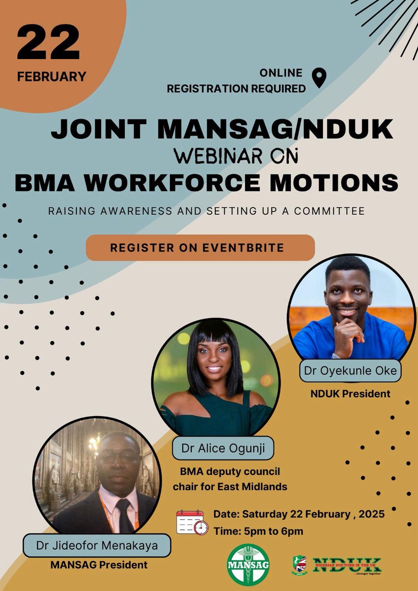 MANSAG_uk's tweet image. Join our Webinar - A Joint MANSAG and NDUK Webinar on BMA motions and terms and conditions for International Medical Graduates working in the UK.
📅Saturday February 22nd 2025
⏲️1700 - 1800
🏦 eventbrite.co.uk/e/joint-mansag…
@DrJideMenakaya @TheBMA @kunlexzee10 @NigerianDrsUK
#IMGs