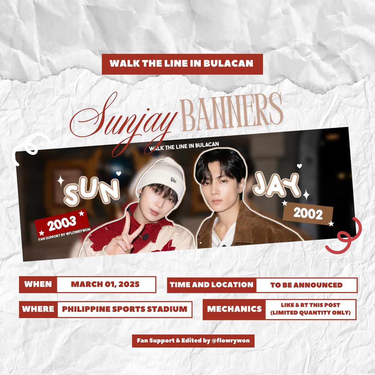 ⋆ #WALKTHELINE_IN_BULACAN ⋆ 
#SUNJAY HAND BANNER
—  fan support project by <a href="/flowrywon/">gela</a>

☆ 1:1 ratio | vv limited quantity
☆ mbf, like &amp; rt to spread
☆ on-site trade only
📍tba

#ENHYPEN #EN_WORLDTOUR_WALKTHELINE