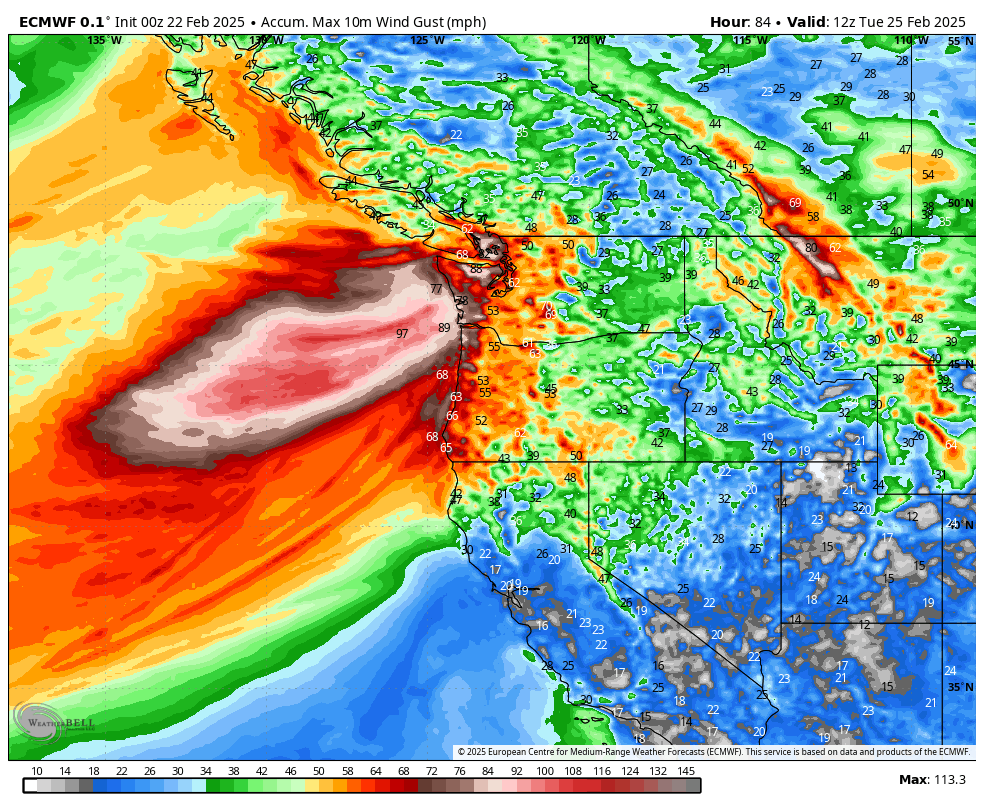 SeattleWXGuy's tweet photo. Not QUITE time for sounding alarms, but if this is showing tomorrow evening it will be. I keep waiting for lucy to pull the football away, and she still has a day to do so. 
 Another very tedious forecast for the Monday system approaching the Pacific NW. The Potential for one of the strongest windstorms in years for the region, needs to be watched closely. Models rapidly trending stronger with this system, and the storm is only 72 hours out. #wawx #orwx #bcstorm Timing is Monday/Monday night.