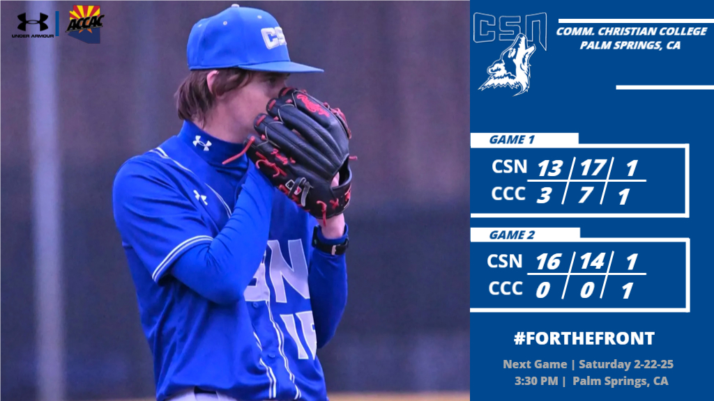 #16 CSN (17-3 overall, 11-3 ACCAC) runs its winning streak to 6 after taking 2 vs. CCC. T. Garritano (3R, 3H, 3RBI, HR) C. McNelis 4R, 3H, 3RBI) &amp; A. Marnell IV (5R, 4H, 4RBI) led the way. K. Soder (W, 3IP, 0H, 8K’s) &amp; E. Broome (2IP, 0H, 4K’s) combined on a no- hitter in game 2.