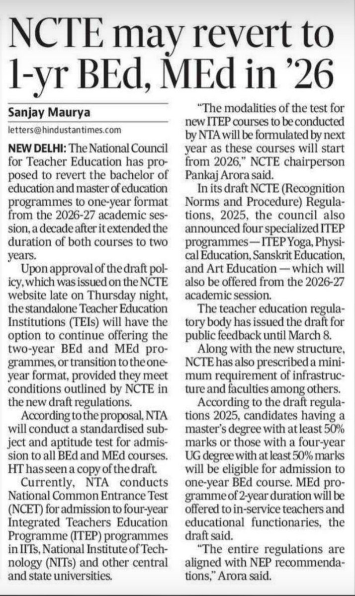#NCTENews: Transforming teacher education in line with #NEP2020.

#NCTE proposed to revert the bachelor of education (B.Ed.) &amp; master of education (M.Ed.) programmes to one-year format from the academic session 2026-27.

Courtesy to: <a href="/htTweets/">Hindustan Times</a>

Read here: hindustantimes.com/india-news/nct…