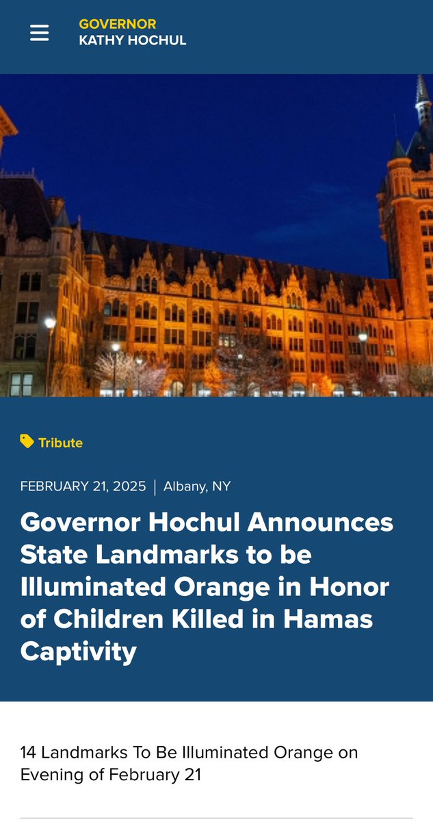 DropSiteNews's tweet image. NEWS | New York Governor Kathy Hochul announced that 14 state landmarks would be lit orange this evening to honor the Bibas children, claiming that they “were murdered by Hamas during their captivity in Gaza.” Uncritically echoing Israeli propaganda, she added, the boys were…