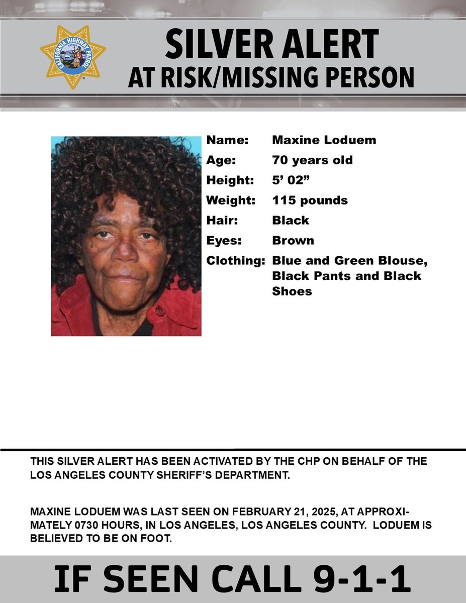 CHP - Alerts (@chpalerts) on Twitter photo SILVER ALERT - Los Angeles County
Last seen: W 78th St., and Raymond Ave., Los Angeles
<a href="/LASDHQ/">LA County Sheriffs</a>
IF SEEN, CALL 9-1-1 SILVER ALERT - Los Angeles County
Last seen: W 78th St., and Raymond Ave., Los Angeles
<a href="/LASDHQ/">LA County Sheriffs</a>
IF SEEN, CALL 9-1-1