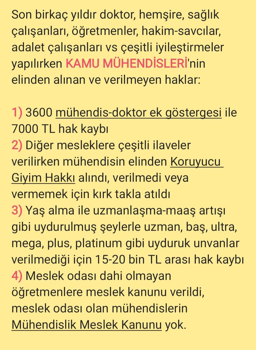 3600 MÜHENDİS EK GÖSTERGESİDİR.

Mühendis mağduriyeti giderilmeden kimseye herhangi bir şey verilmesini kabul etmiyoruz.

<a href="/TMM_BIRLIGI/">TÜRK MÜHENDİS MİMAR TEKNİK BİRLİĞİ</a>

<a href="/OnderKahveci/">Önder Kahveci</a> <a href="/suayip_denizd/">Şuayip Deniz Demir</a> <a href="/YasarYekebagci/">Yaşar YEKEBAĞCI</a> <a href="/TurkesGuney/">Türkeş Güney</a> <a href="/GAltunkas/">Gökhan Altunkaş</a> <a href="/mustafaelitas/">Mustafa Elitaş</a> <a href="/efkanala/">Efkan Âlâ</a> <a href="/avabdullahguler/">Abdullah Güler</a> <a href="/HTurkyilmazOMO/">Hasan Türkyılmaz</a>