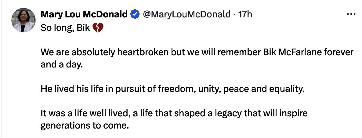 IrishPoliticsNL's tweet photo. Mary Lou claiming a man who murdered 5 people spent his life in pursuit of peace is extraordinary levels of gaslighting. He was a vicious murderer. Pte Patrick Kelly and Recruit Garda Gary Sheehan's families will also have something to say to Mary Lou about the murderous thug. https://t.co/7tv9WBBtYI