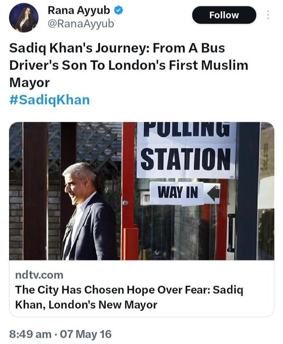 rishibagree's tweet photo. Cheering Sadiq Khan as London’s Muslim mayor while trashing Kash Patel, an Indian-American FBI chief, just for his Indian roots.

Rana Ayyub’s hypocrisy stinks !!!! https://t.co/Yug3wehYR1