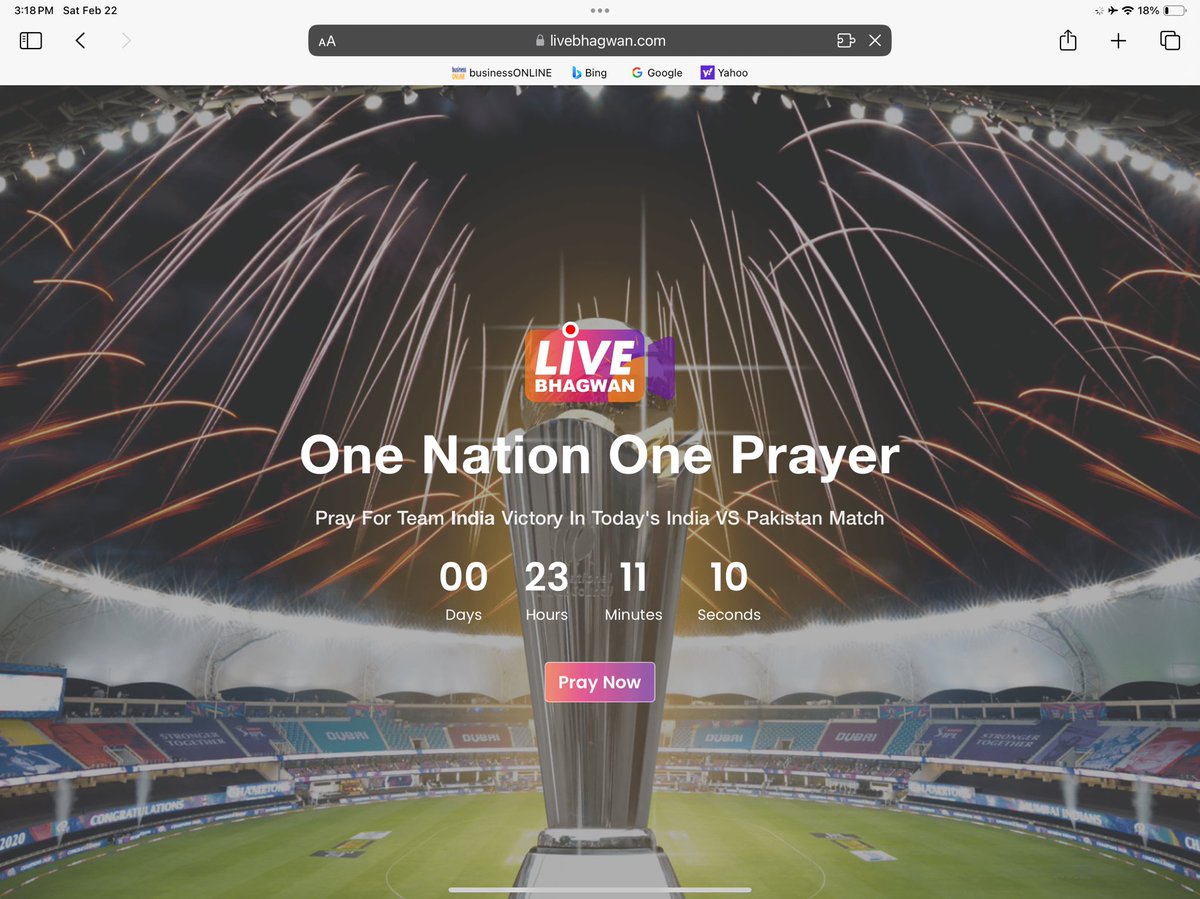livebhagwan's tweet photo. #TeamIndia #INDvsPAK 

The count-down begins,
Offer prayers for team India win..

One Nation, One Prayer https://t.co/hPcT9P67fU
