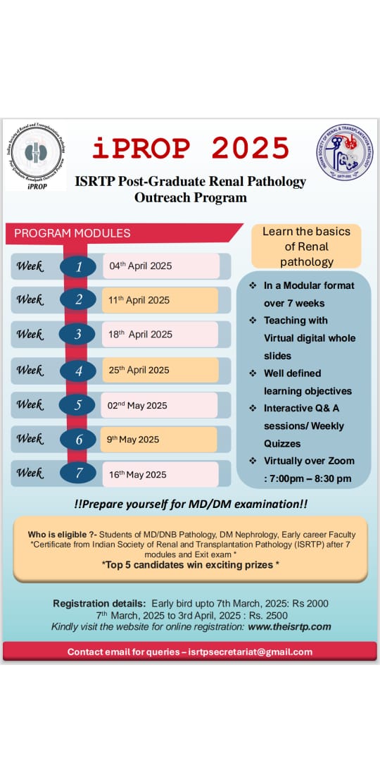 IndianRenal's tweet photo. Announcing the 2nd edition of annual ISRTP post graduate outreach program (iPROP2). Great opportunity for Pathology and Nephrology fellows and consultants to brush up your skills https://t.co/09gvlVZne1 
#iprop #renalpathology #nephrology https://t.co/xTzAGbAxTD