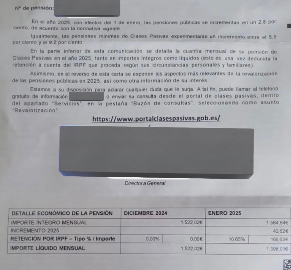 Paco tiene 67 años.

En Diciembre de 2024 cobró 1.522€ de pensión.

El Gobierno le sube un 2,8%, va a cobrar 42,62€ más.

En enero de 2025 cobra 1.398,01€.

¿124,01€ menos? ¿No iba a subir?

A Paco le han engañado, ahora le retienen un 10,65% de IRPF.

¿A las calles cuando?