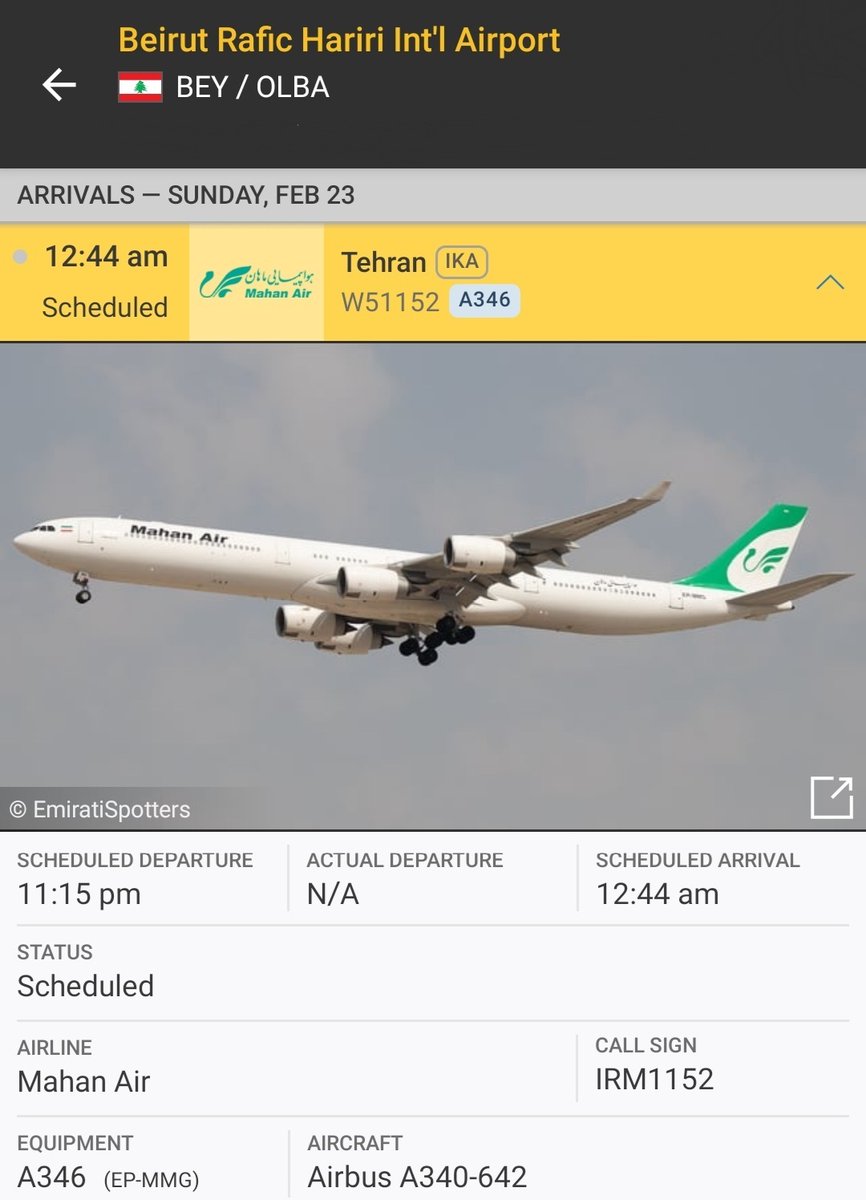 LebanonJets's tweet photo. Mahan Air of #Iran has been added to the #Beirut arrivals for after midnight tonight- last week a direct flight from #Tehran was canceled twice https://t.co/aqA8ElQOL4