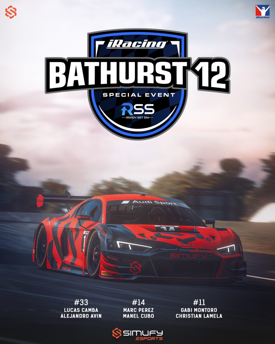 Simufy Esports (@simufyesports) on Twitter photo 🏁RACE DAY!
Trepidantes #Bathurst12H en <a href="/iRacing/">iRacing</a> nos esperan por delante donde el mínimo fallo se paga muy caro y la concentración es clave!
🔸Simufy Esports #11
<a href="/Gabii2JZ/">Gabi Montoro</a> & <a href="/cristianlamela_/">Cristian</a>
🔸Simufy Esports #14
<a href="/mrk146/">Marc Pérez</a> & <a href="/ManelCubo/">Manel Cubo Torres</a>
🔸Simufy Esports #33
<a href="/Alejandro_ar55/">Alejandro Avín Ruisánchez</a> & 🏁RACE DAY!
Trepidantes #Bathurst12H en <a href="/iRacing/">iRacing</a> nos esperan por delante donde el mínimo fallo se paga muy caro y la concentración es clave!
🔸Simufy Esports #11
<a href="/Gabii2JZ/">Gabi Montoro</a> & <a href="/cristianlamela_/">Cristian</a>
🔸Simufy Esports #14
<a href="/mrk146/">Marc Pérez</a> & <a href="/ManelCubo/">Manel Cubo Torres</a>
🔸Simufy Esports #33
<a href="/Alejandro_ar55/">Alejandro Avín Ruisánchez</a> &