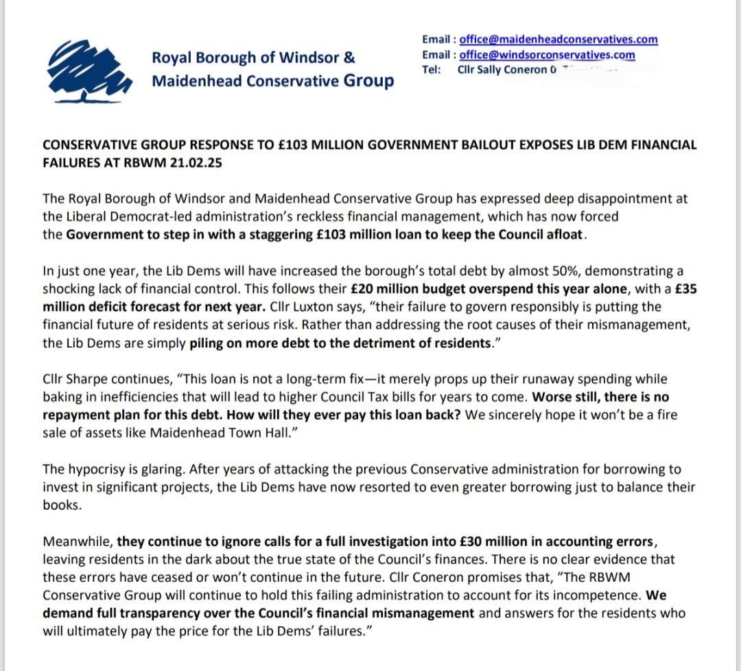WindsorTories's tweet photo. £103 million bailout exposes Lib Dem failures.
Overspending and increasing RBWM debt by 50% in one year with no plan to repay is reckless mismanagement.
We demand full transparency and independent investigation into accounting errors.
#RBWM #FinancialMismanagement #LibDemFailures https://t.co/3wXokNnsGk