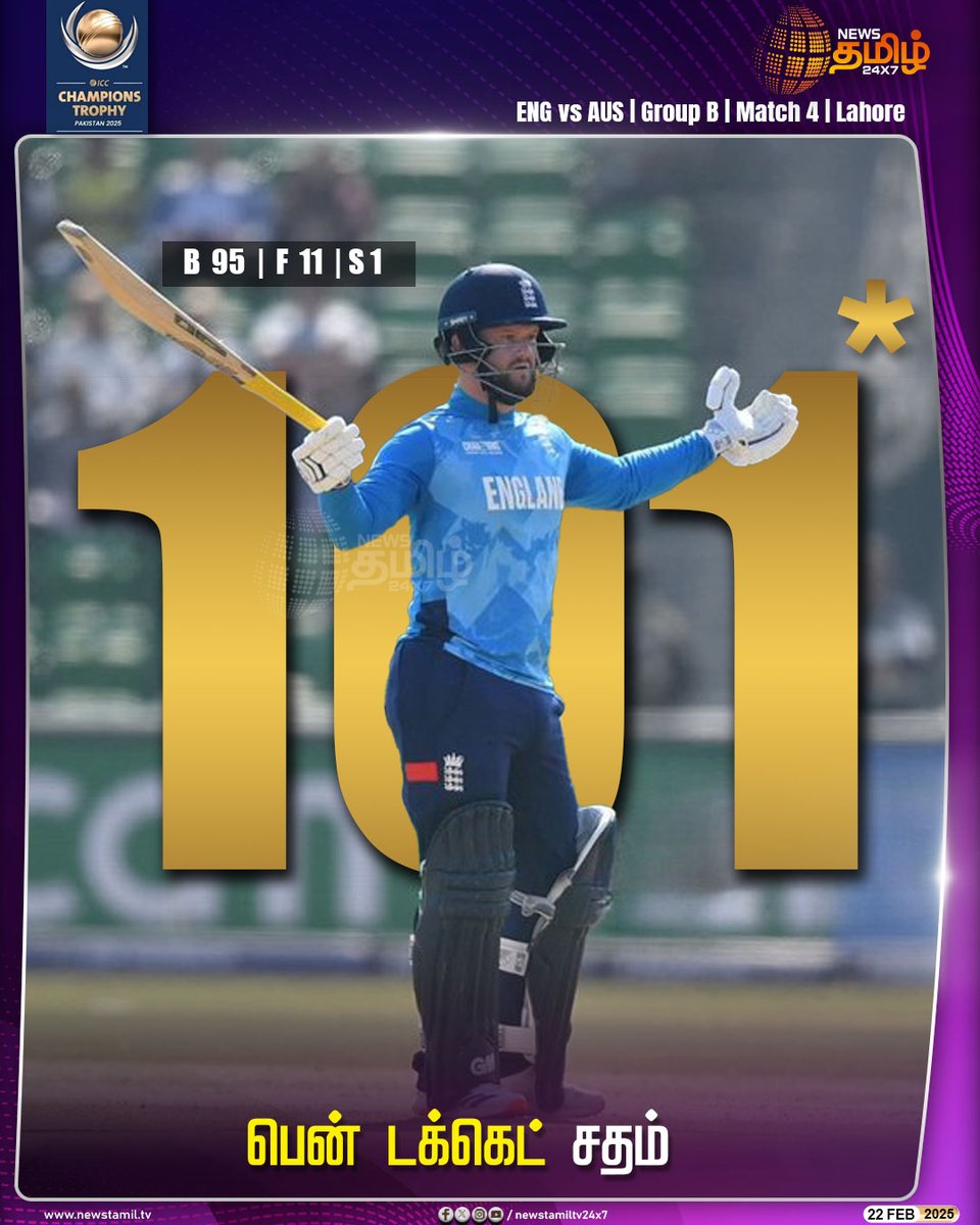 NewsTamilTV24x7's tweet photo. #SportsUpdate | பென் டக்கெட் சதம்
#AUSvsENG | #Lahore | #iccchampionstrophy2025 | #4thMatch | #NewsTamil24x7 | #AustraliaBowling | #BenDuckett https://t.co/GVwSIspqXg