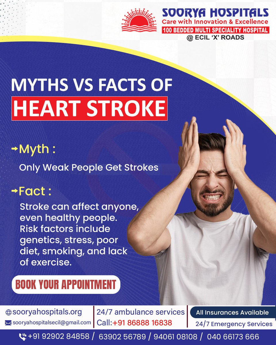 sooryahospitals's tweet photo. ChatGPT said:
Myths vs Facts About #HeartStroke! 💔 Strokes can be deadly—know the truth &amp; act FAST! ⏳🚨 #Facedrooping, #armweakness, #speechissues? Call #emergency now! 🏥call:📞 92902 84858 #StrokeAwareness #multispecialityhospitals #100bedhospitals https://t.co/jsdOO57Gha