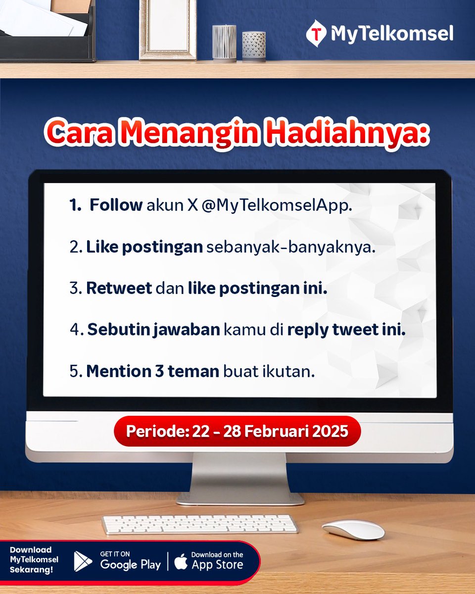 MyTelkomselApp's tweet photo. Ayo, siapa yang bisa tebak kata dari fitur di aplikasi MyTelkomsel yang bantu kamu kirim hadiah pulsa/kuota ke pasangan? 🤔🎁

Jawab di kolom reply sekarang dan menangkan voucher belanja total 1 Juta Rupiah untuk 10 orang pemenang! ✨💸 https://t.co/4HwrmNG4Ez