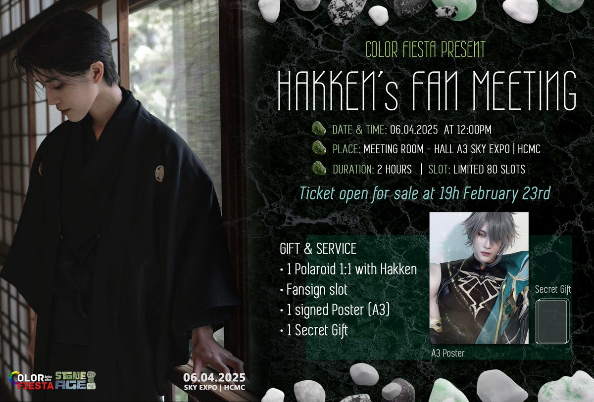 ColorFiestaVN's tweet image. Our special guest Hakken is hosting an intimate fan meet at Color Fiesta!💪 Mark your calendars, stretch those fingers & check your Wi-Fi - secure your slot fast!
🕖 Ticket sales open: 19:00, Feb 23, 2025!
⚠️ Fan meeting tickets do not include event entry.
#cofiss14 #artistalley