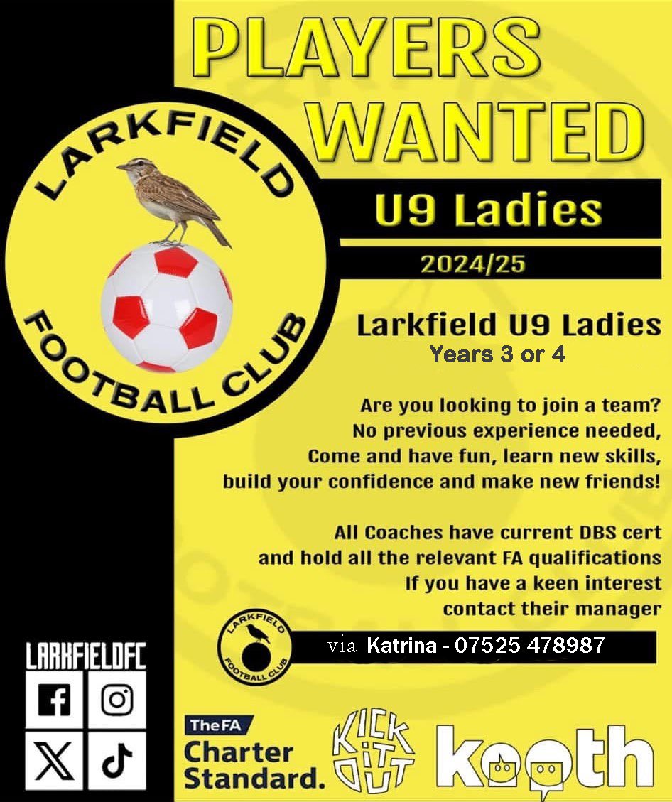 LarkfieldFC (@larkfieldfc) on Twitter photo ๐ท๐ณ๐จ๐๐ฌ๐น๐บ ๐พ๐จ๐ต๐ป๐ฌ๐ซ!
Our U9 Ladies team are looking for players to add to their squad for the remainder of the season.
Interested? all info & contact details are on the poster - Katrina would love to have a chat with you & answer any questions ๐กโซ๏ธ
#proudcommunityclub ๐ท๐ณ๐จ๐๐ฌ๐น๐บ ๐พ๐จ๐ต๐ป๐ฌ๐ซ!
Our U9 Ladies team are looking for players to add to their squad for the remainder of the season.
Interested? all info & contact details are on the poster - Katrina would love to have a chat with you & answer any questions ๐กโซ๏ธ
#proudcommunityclub