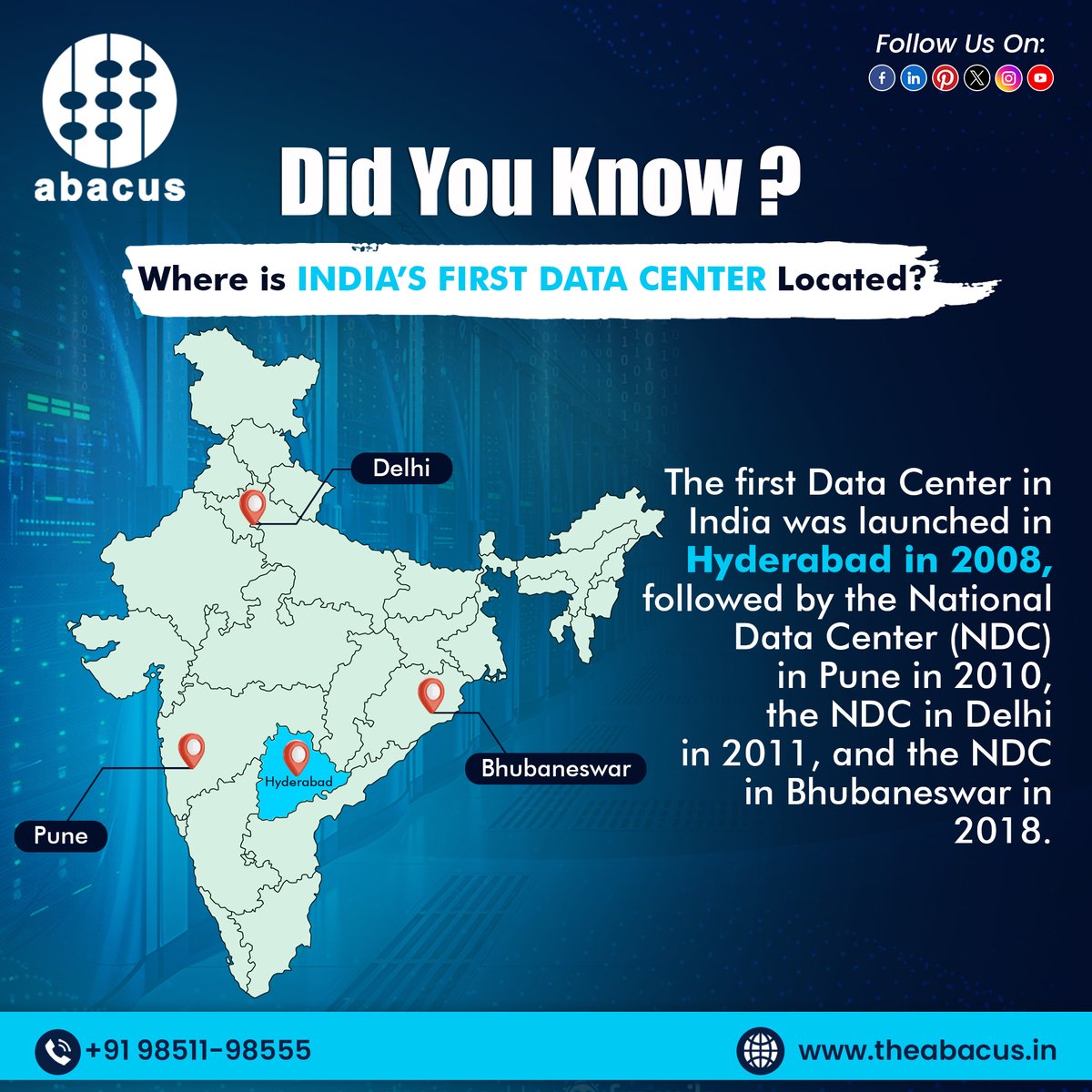 Abacus_cloud's tweet photo. India’s data revolution began in 2008! 🇮🇳💾 From Hyderabad’s first data center to NDCs in Pune, Delhi &amp; Bhubaneswar, the backbone of digital India keeps growing!
.
#abacuscloud #DataRevolution #DigitalIndia #TechInfrastructure #DataCenters #IndiaGrowth #CloudComputing https://t.co/c3ICBjb4FJ