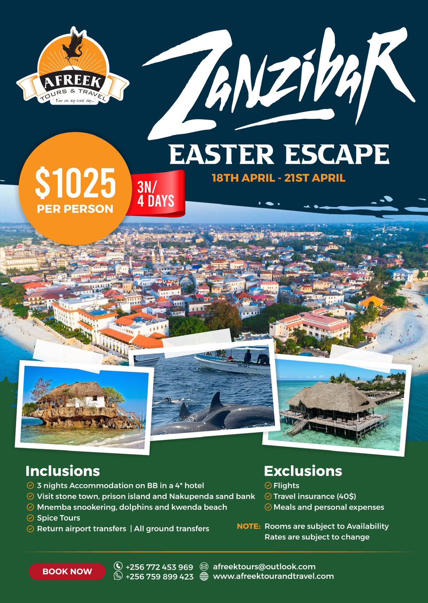 Where and How are you spending Easter? 
Zanzibar is her🌍!  Explore the luxurious breathtaking beauty of Zanzibar from Historic Stone Town to pristine beaches🏞,  Every corner of this paradise tells  a story🏞
Book Now onWhatsApp.
 🌇#luxurytravel ✈️#loveandtravel 🌍🏝#adventure