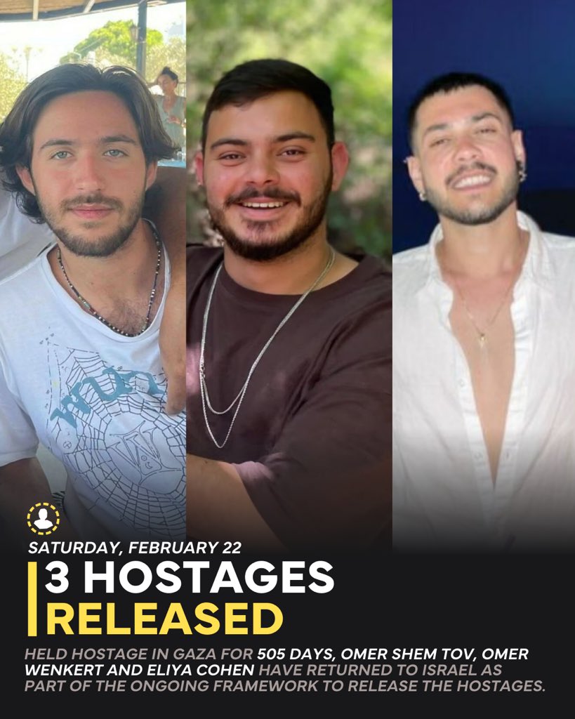 IDF's tweet photo. After 505 days, Omer Shem Tov, Eliya Cohen and Omer Wenkert are finally home 💛 https://t.co/HhwHbaVDNO