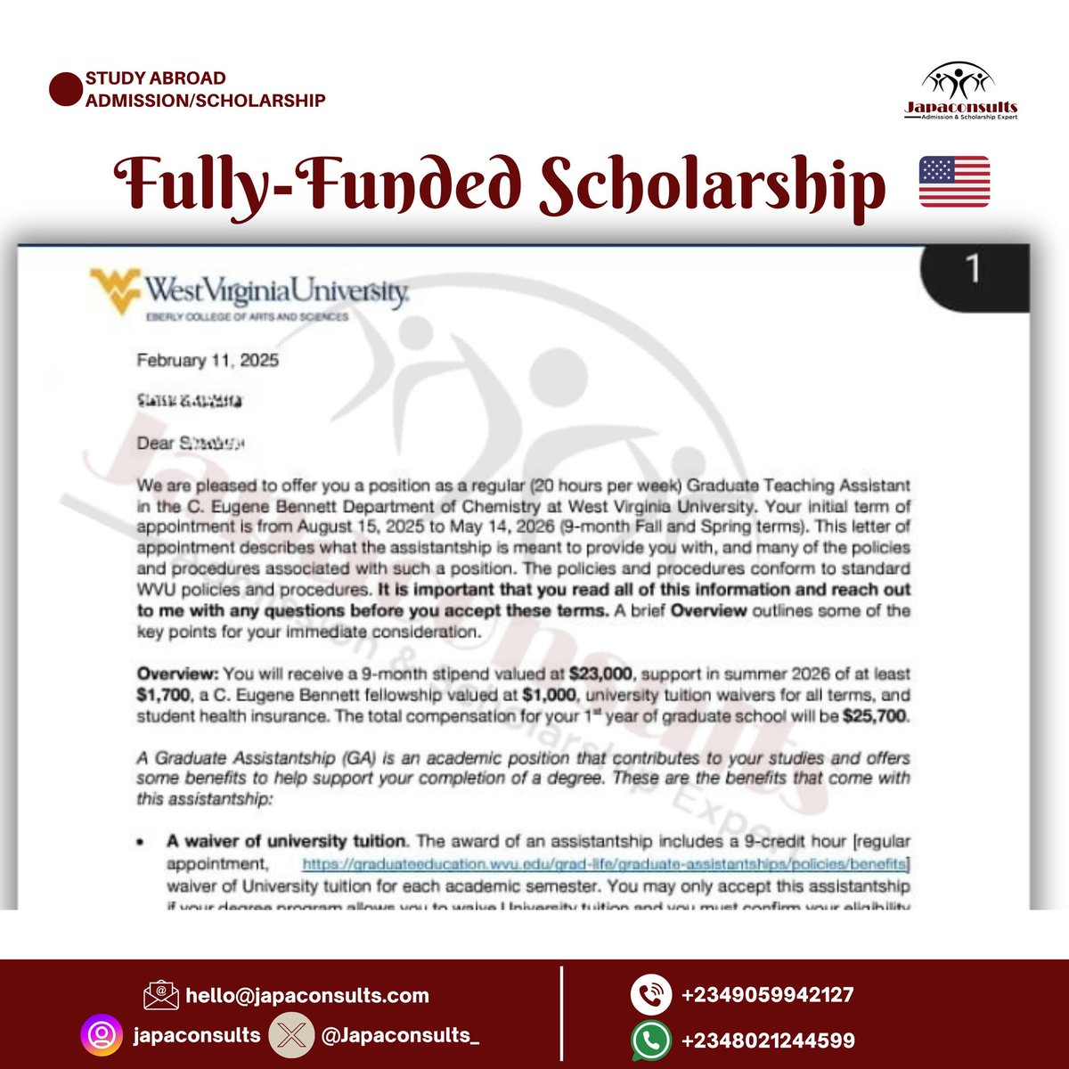 Oludeewon's tweet photo. FULLY-FUNDED SCHOLARSHIP PLUS MONTHLY STIPEND 🎊🎊🎊

✅️ Graduate Teaching Assistant in the Department of Chemistry at West Virginia University, USA 🇺🇸...

There's no need for cho cho cho... 😌

Evidence full ground...

For your own Fully-funded scholarship, follow us on all our official platforms and reach out to us via:

Instagram: @japaconsults

WhatsApp: 08021244599

Email: hello@japaconsults.com

Calls: +2349059942127 

(Working hours : 9am to 5pm WAT, Monday to Friday ONLY)