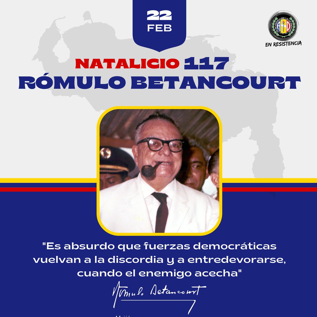 Hoy conmemoramos el natalicio 117 del venezolano más importante del siglo 20, visionario y demócrata a carta cabal, Don Rómulo Betancourt. A sus grandes esfuerzos debemos la fundación de nuestro partido, pionero forjador de la democracia, que abrió la puerta del progreso para que