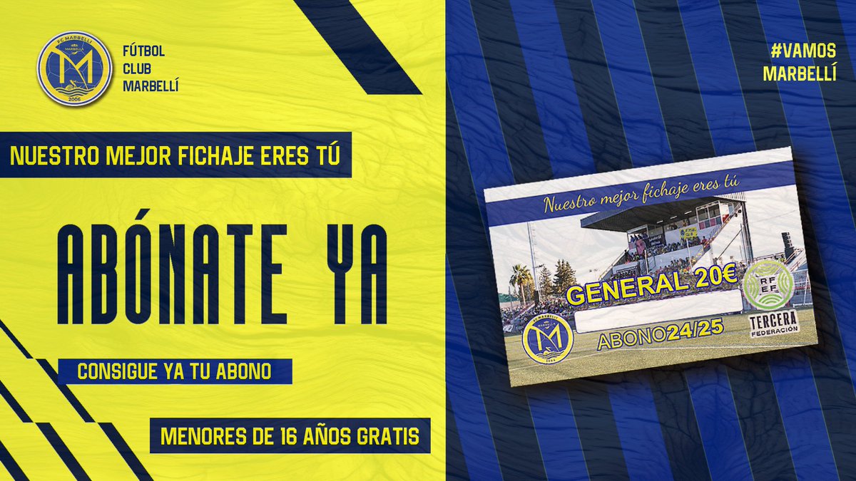FCMarbelli's tweet photo. 🔥 ¡𝗡𝘂𝗲𝘀𝘁𝗿𝗼 𝗺𝗲𝗷𝗼𝗿 𝗳𝗶𝗰𝗵𝗮𝗷𝗲 𝗲𝗿𝗲𝘀 𝘁𝘂́! 

🎫 Consigue ya tu abono para lo que resta de temporada a tan solo 2️⃣0️⃣€. Además, los menores de 1️⃣6️⃣ años entran 𝗚𝗥𝗔𝗧𝗜𝗦. ¡Qué no te lo cuenten, vívelo con nosotros! https://t.co/kdMgX04Nn3
