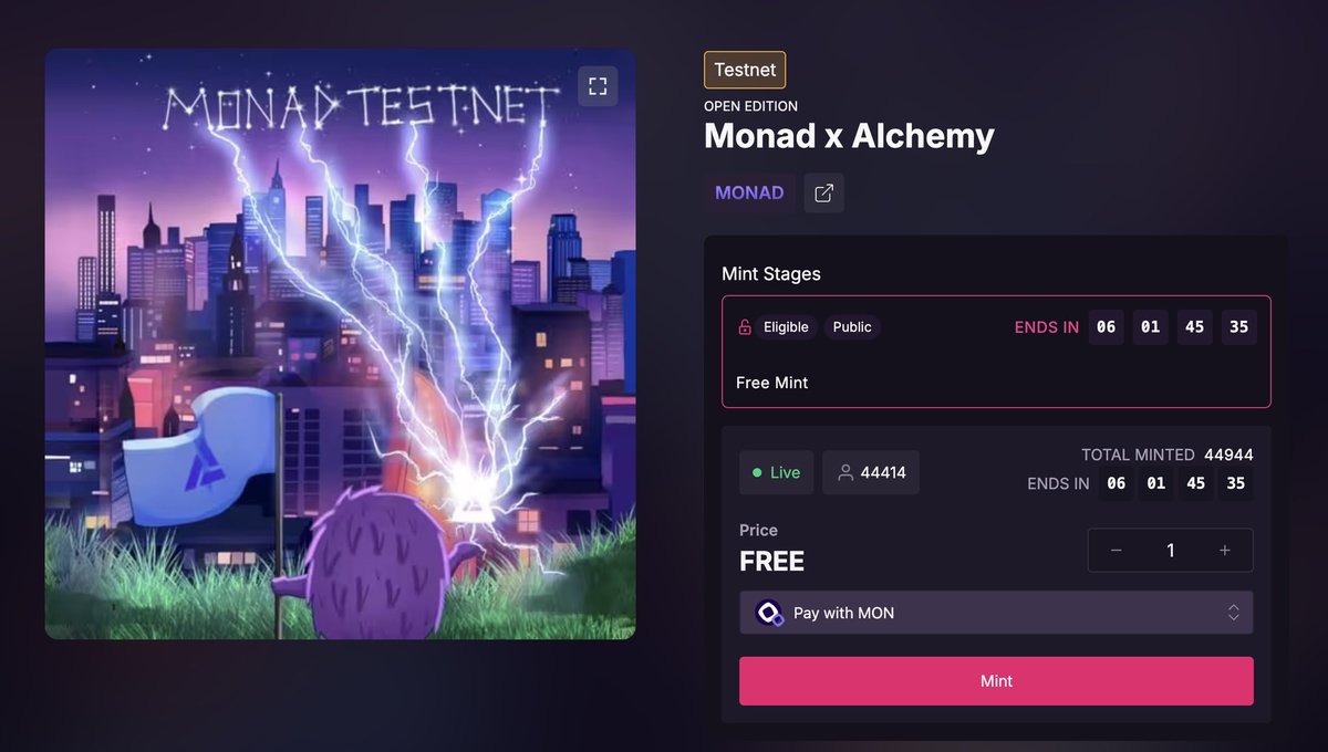asedd72's tweet photo. Monad Testnet 🪂

+ 1 interaction - Claim FREE NFT 

Magic Eden just released an open edition « Monad x Alchemy » ($0) NFT

➖go to: https://t.co/k8fczehQKL
➖connect your wallet
➖switch to monad testnet
➖mint https://t.co/d36Za4wKpG