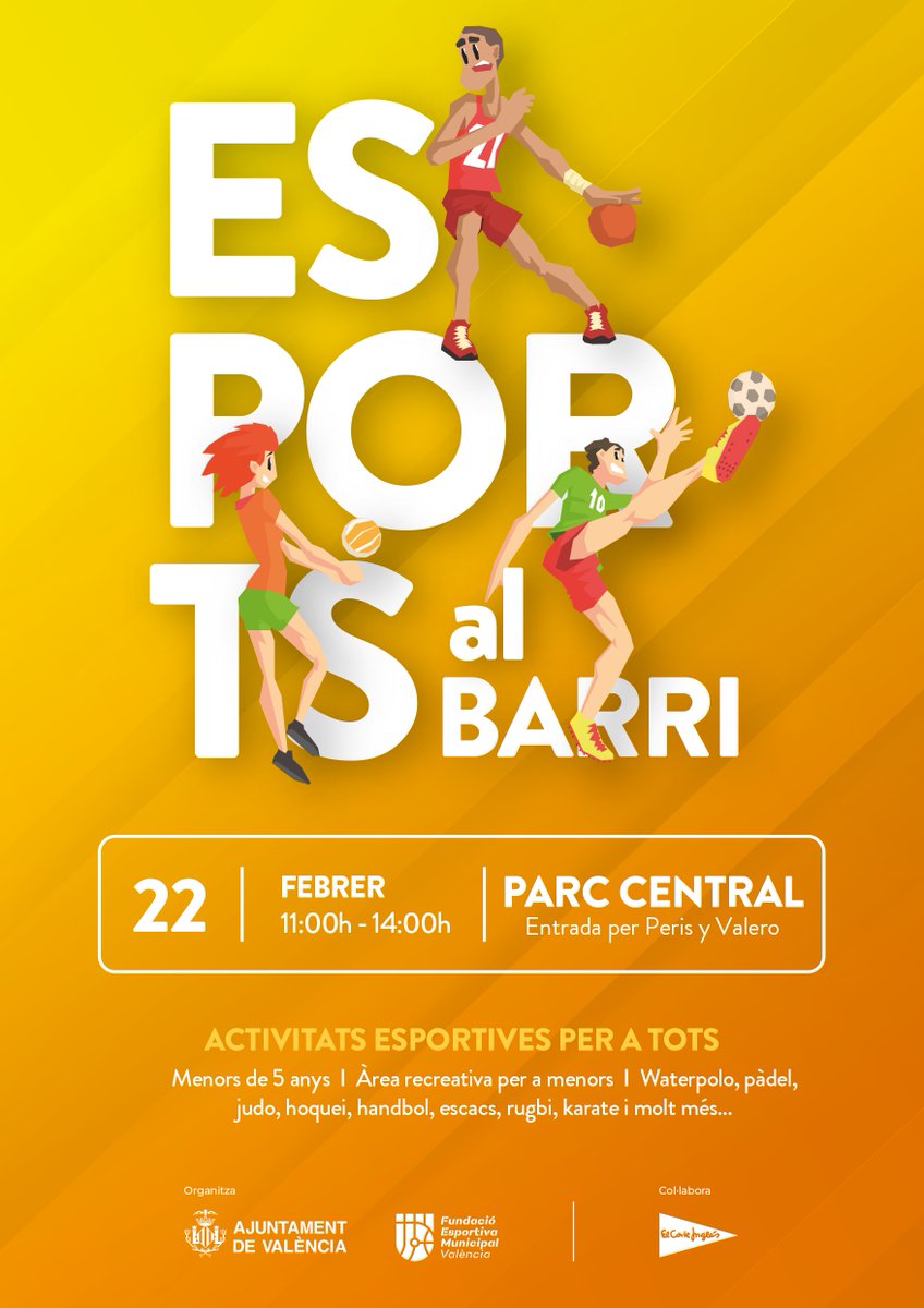 🏐 Bon dia, hui tenim #EsportsAlBarri al #ParcCentral 🌿 amb moltes activitats esportives per a tots i totes!

Un programa de <a href="/FDMValencia/">FDM Deporte València</a> ▶️ Waterpolo 🤽, pàdel, judo 🥋, hoquei  🏒, handbol, escacs ♟️, rugbi 🏉, karate i molt més!

⏰ D'11 a 14 h

📍Entrada per Peris y Valero