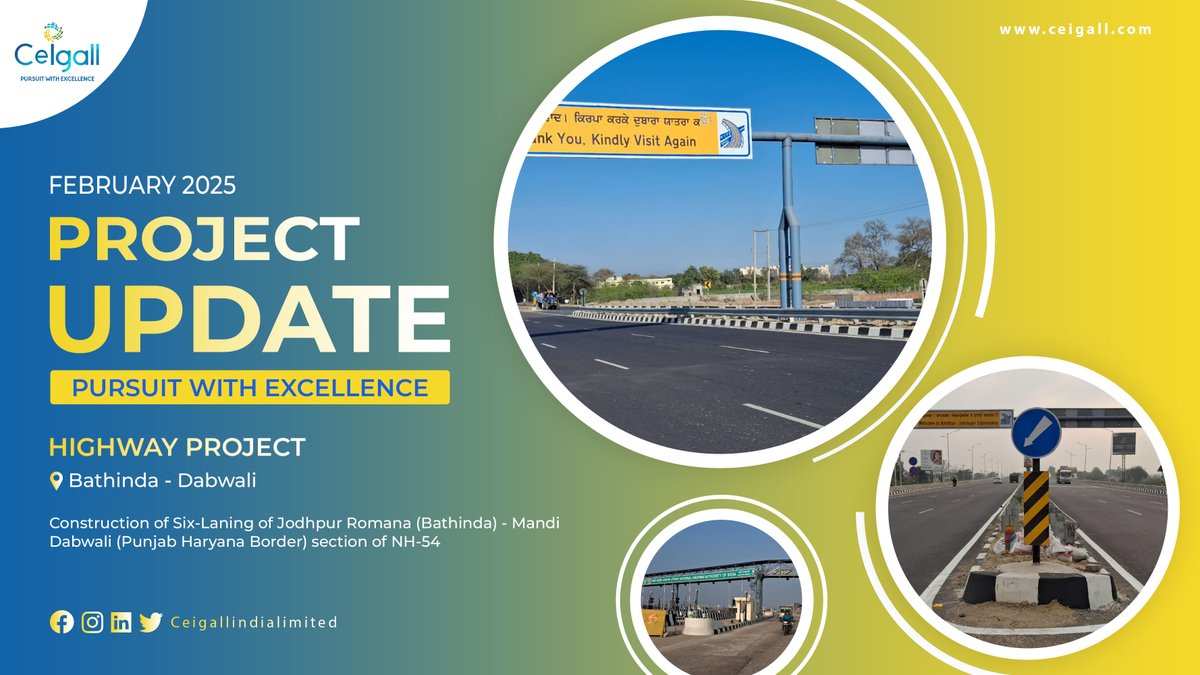 Ceigall_India's tweet photo. February 2025 - PROJECT UPDATE
Project: Bathinda Dabwali National Highway Project (HBD)
Scope: Construction of Six-Laning of Jodhpur Romana (Bathinda) - Mandi Dabwali (Punjab Haryana Border) section of NH-54
#BathindaDabwaliNHProject #CeigallIndiaLimited #ExcellenceEngineering https://t.co/QUJaRmnKNh