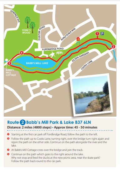 There's a 2 mile walk you can do around Babb's Mill Park &amp; Lake in Kingshurst.   A great opportunity to clear your head and get some fresh air in your lungs!