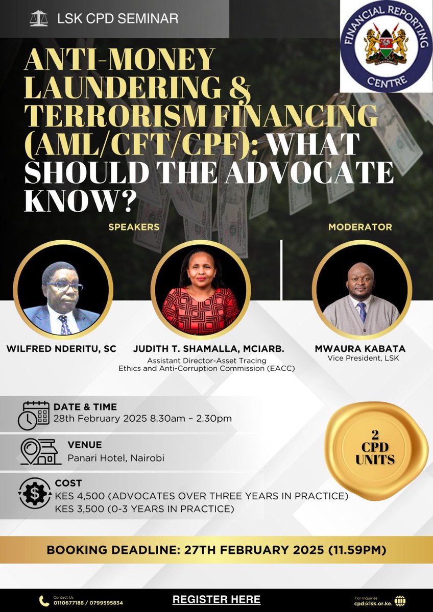LawSocietyofKe's tweet photo. #LSKCPDEvents
#AdvocateandPractice
#Litigation
#AMLCFTCPF 

Book &amp; Pay via https://t.co/XoLsEzsGMv https://t.co/HbTs3TocFE