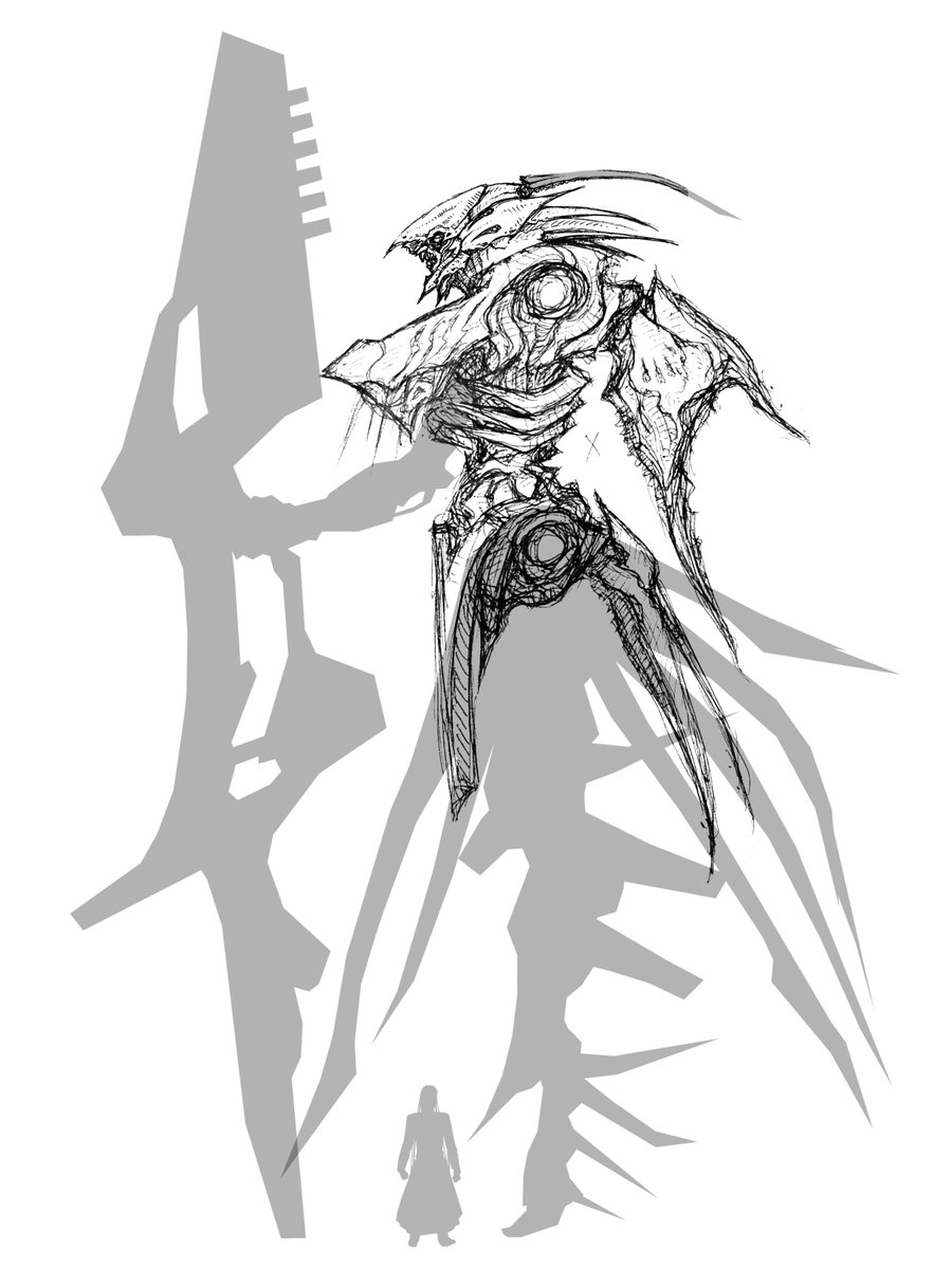 昨日のラフにシルエットのみ追加して検証。
適当に描いただけだけど方向性を見るには
十分かな。
武器？は適当すぎた〜なんなのかわからんw
少しは弐瓶勉先生っぽい方向に向いたかな？