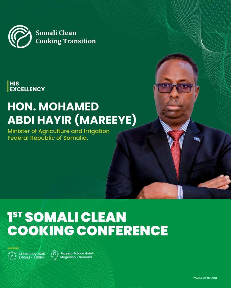 Somcct_org's tweet photo. Excited to welcome HON. MOHAMED ABDI HAYIR (MAREEYE) the Ministry of Agriculture and Irrigation to the 1st Somali Clean Cooking Conference!  Let's work together to bring clean cooking solutions to every home in Somalia. Join us! 

#SomaliaCleanCooking #CleanCookingForAll https://t.co/E56MXub5mu