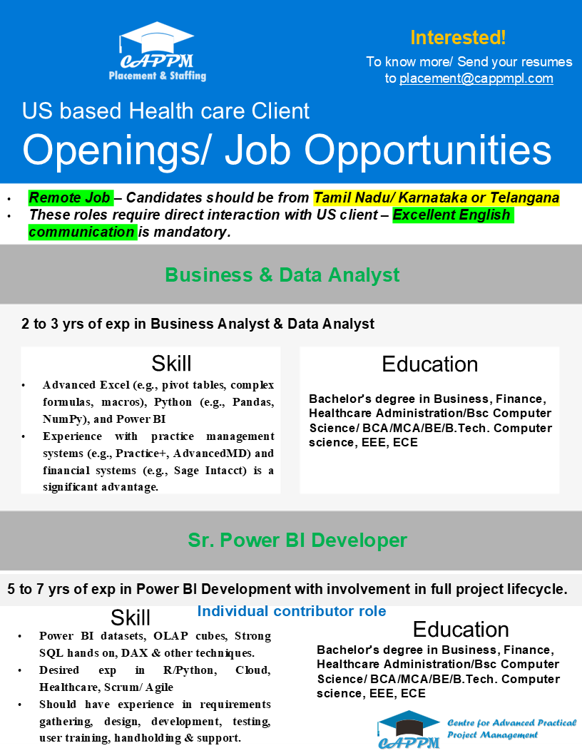 cappmpl's tweet photo. We're #hiring - #Business and #DataAnalyst &amp; #SrPowerBIDeveloper with our client. Interested! send resume to placement@cappmpl.com
#jobs #opportunities #cappm #remotejobs  #RemoteWork #tamilnadu #karnataka #telangana #PowerBI https://t.co/ZN3gFmeGPp