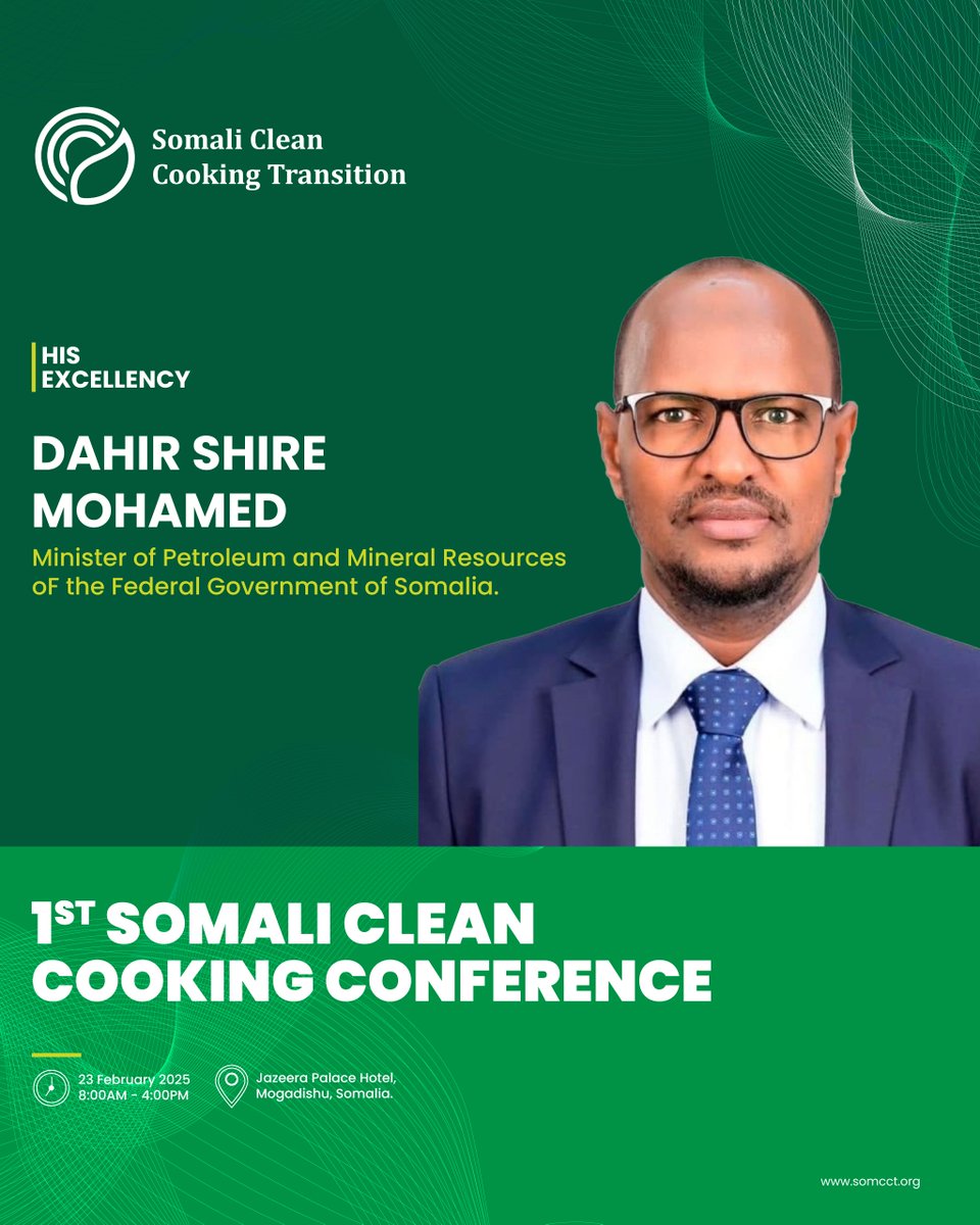 Somcct_org's tweet photo. Excited to welcome HON. DAHIR SHIRE MOHAMED the Ministry of Petroleum and Minerals Resource to the 1st Somali Clean Cooking Conference!  Let's work together to bring clean cooking solutions to every home in Somalia. Join us!

#SomaliaCleanCooking #CleanCookingForAll https://t.co/0mBDCcvRSV