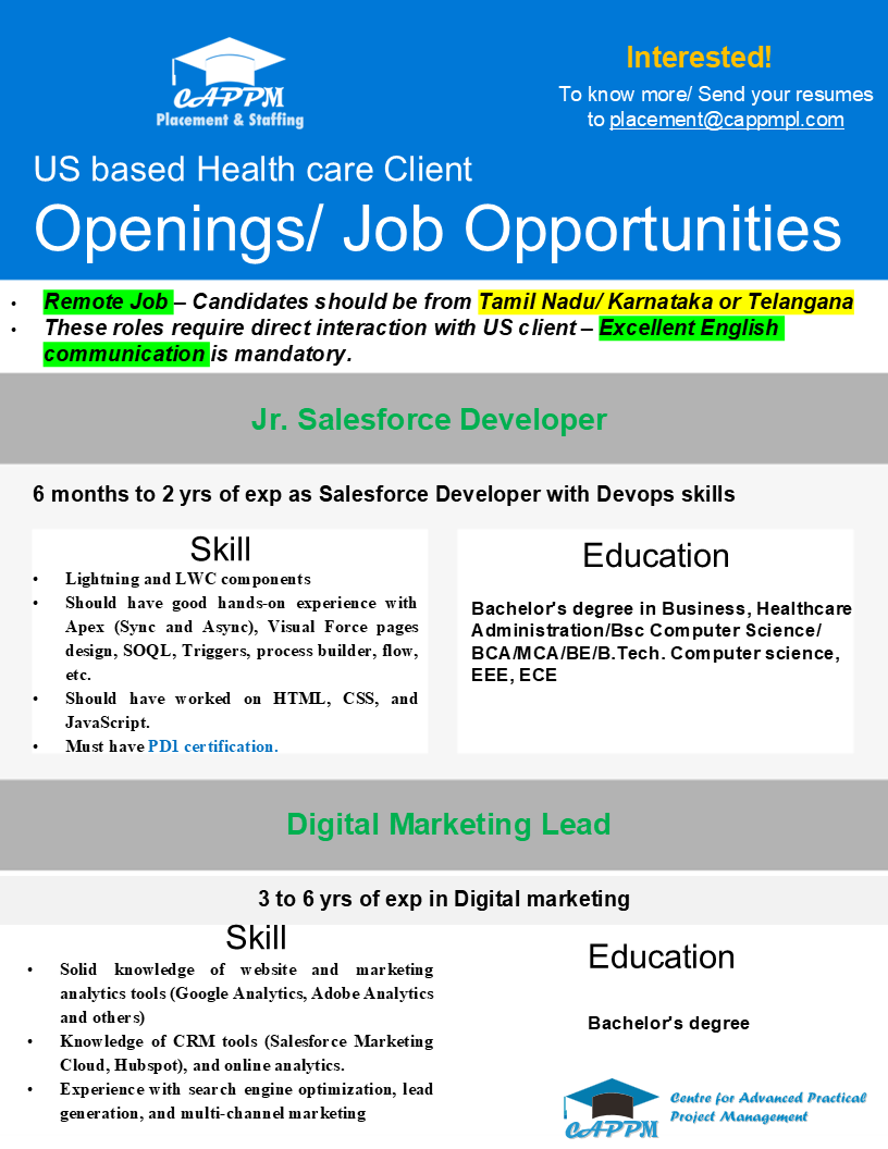 cappmpl's tweet photo. We're #hiring - #SalesforceDeveloper and #DigitalMarketingLead with our client. Interested! send resume to placement@cappmpl.com
#jobs #opportunities #cappm #remotejobs #RemoteWork #tamilnadu #karnataka #telangana #salesforce #sfd #DigitalMarketing https://t.co/jrvPiW7Y3O