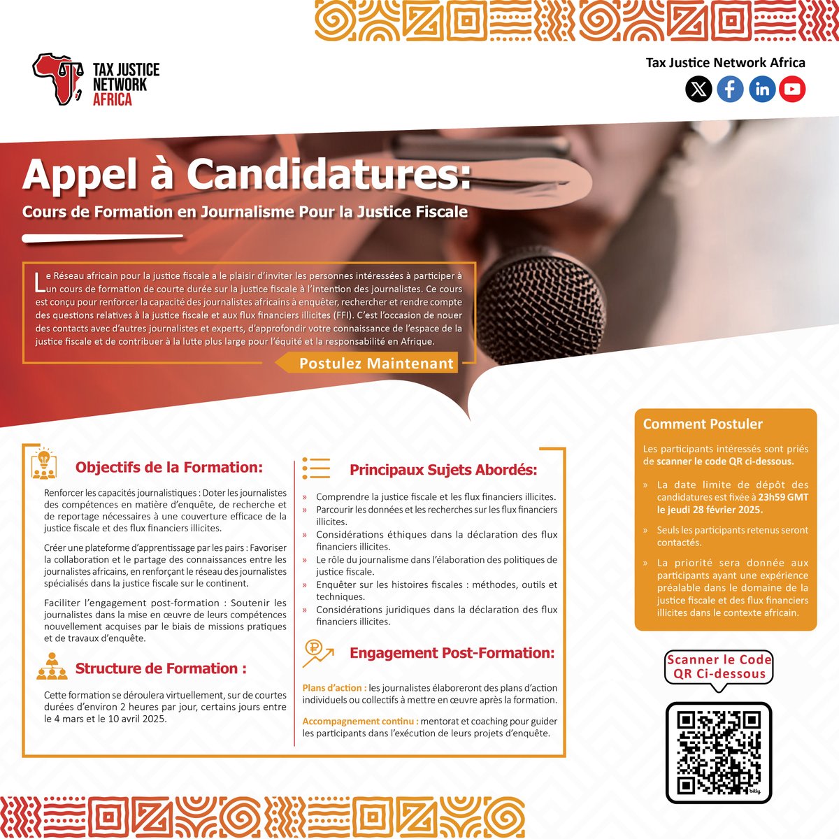 Attention aux journalistes d’affaires et d’investigation africains!

TJNA a le plaisir d'inviter les personnes intéressées à participer à un cours de formation de courte durée sur la justice fiscale à l'intention des journalistes.

Plongez dans la justice fiscale, explorez les