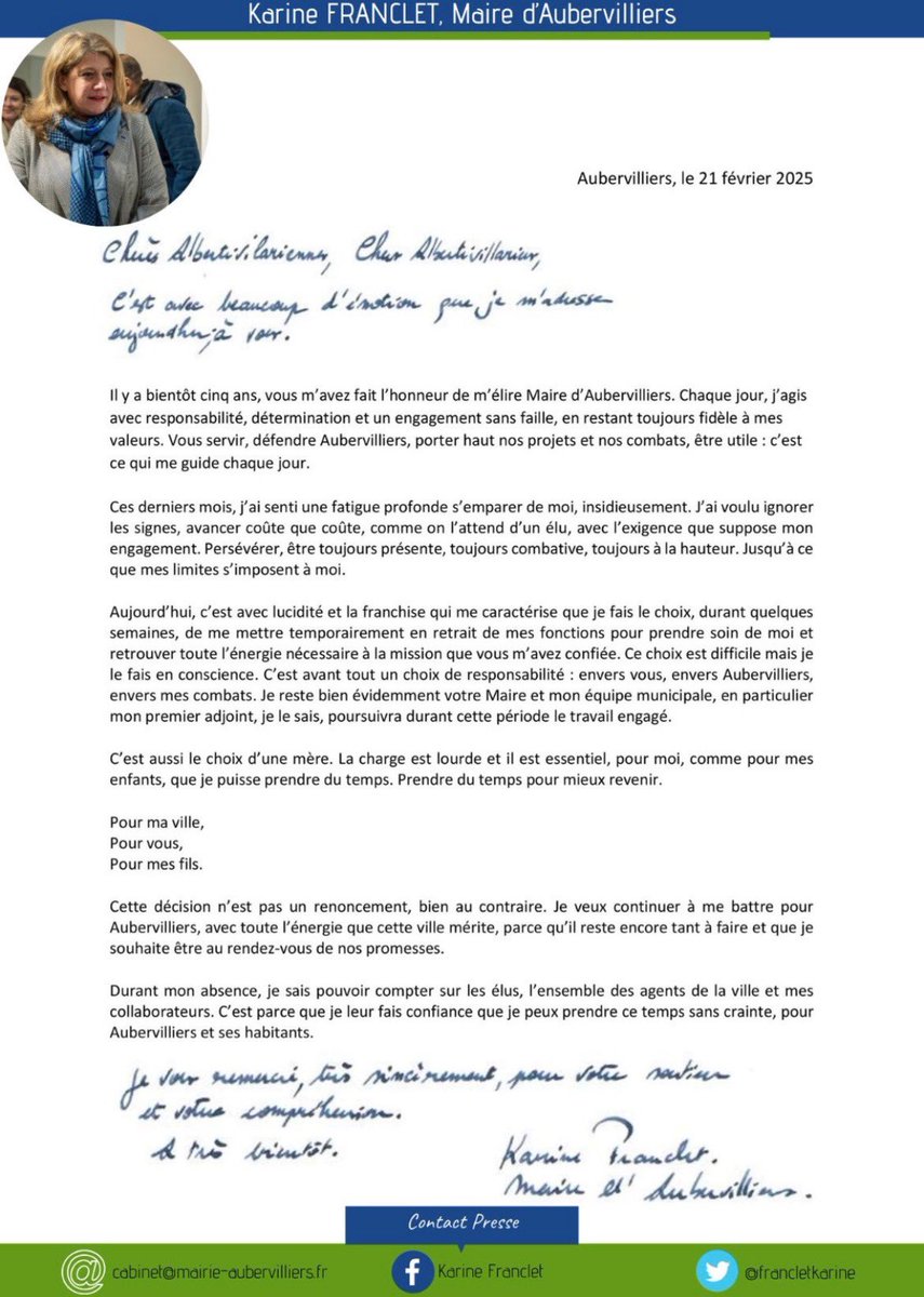VillesdeFrance's tweet photo. 𝗦𝗢𝗨𝗧𝗜𝗘𝗡 𝗔̀ 𝗞𝗔𝗥𝗜𝗡𝗘 𝗙𝗥𝗔𝗡𝗖𝗟𝗘𝗧 🫂

Total soutien à @francletkarine, qui a le courage de dire ce que beaucoup de maires n’osent pas encore afficher : l’épuisement dont ils sont souvent victimes face à la pression permanente du quotidien.

Un sujet qu’il faudra absolument prendre en compte dans la réforme du statut de l’élu attendue avec impatience.