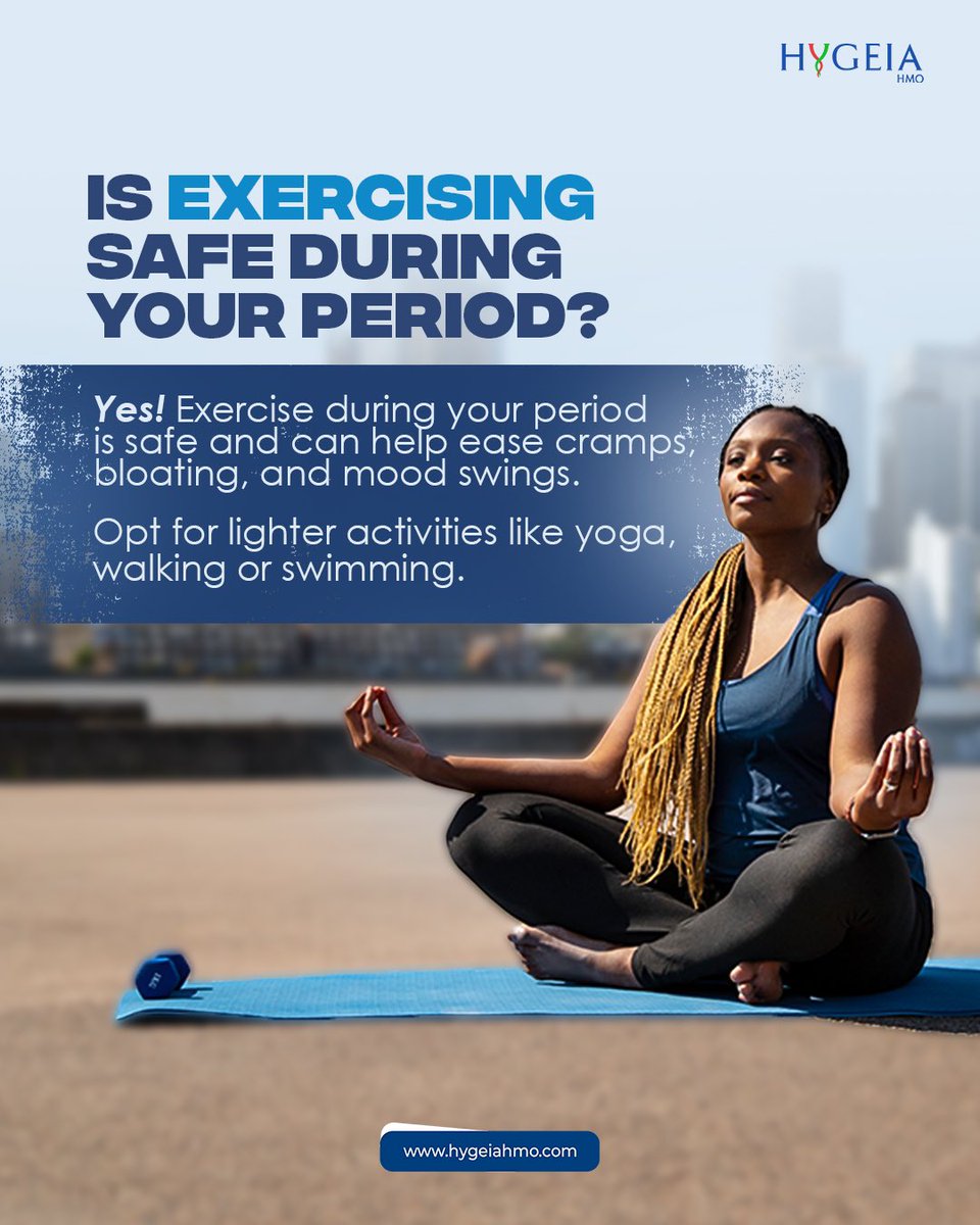 HygeiaHMO_'s tweet photo. Stay active, even on your period!
Gentle exercise can help you feel better all month long.
#stayfit #physicalworkout #hygeiahmo https://t.co/3Wz8xylXhW