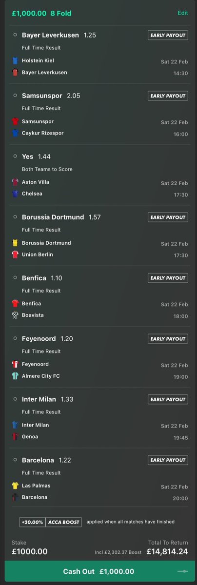 Footy_bets9's tweet photo. SATURDAY ACCA ⚽️ 

£1000 RETURNS £14,818🤑

ODDS: 14.814 📊

If this lands, I’ll give £2,000 to 2 lucky people who ♥️likes, retweet and comment on this tweet

JOIN MY FREE TELEGRAM   https://t.co/YoZsL4CsLT FOR MORE https://t.co/g74lAX0hOE
