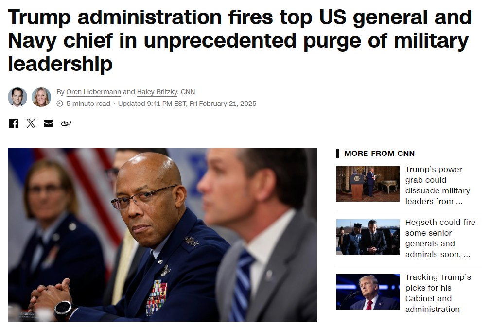 🇺🇸 דברים שקורים באמריקה 🇺🇸

1. החדשות הכי מדוברות בארה"ב הן כמובן הטיהור שטראמפ מבצע בצמרת הצבא והצי האמריקאי. טראמפ פיטר את יושב ראש המטות המשולבים המכהן, וזמן קצר לאחר מכן הגסת' הודיע על פיטורי מפקדת הצי וסגן מפקד חיל האוויר.

היו"ר המודח, גנרל צ'ארלס בראון, הוא האיש השחור