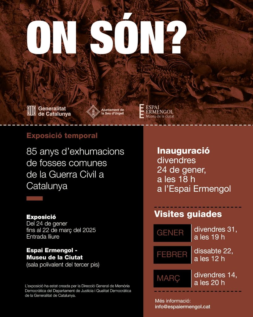 Dia plujós a #laSeu.
Si no voleu mullar-vos, avui a les 12:00h a l'<a href="/EspaiErmengol/">Espai Ermengol</a> farem una visita guiada a l'exposició sobre les fosses comunes de la Guerra Civil a Catalunya.
Una expo comissariada per la Dra. <a href="/QBru/">Queralt Solé</a> i que tindrem a #laSeu fins finals de març!