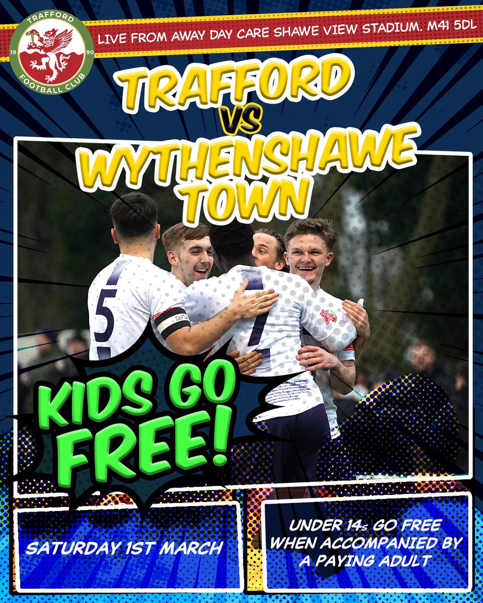 Trafford FC (@fctrafford) on Twitter photo Good morning to fans of <a href="/WTFC1946/">Wythenshawe Town FC</a> and good luck in your game against Stafford Rangers today.
Please spread the word about the game next week: <a href="/FCTrafford/">Trafford FC</a> v <a href="/WTFC1946/">Wythenshawe Town FC</a>
KIDS CAN GO FREE!!!!!! Good morning to fans of <a href="/WTFC1946/">Wythenshawe Town FC</a> and good luck in your game against Stafford Rangers today.
Please spread the word about the game next week: <a href="/FCTrafford/">Trafford FC</a> v <a href="/WTFC1946/">Wythenshawe Town FC</a>
KIDS CAN GO FREE!!!!!!