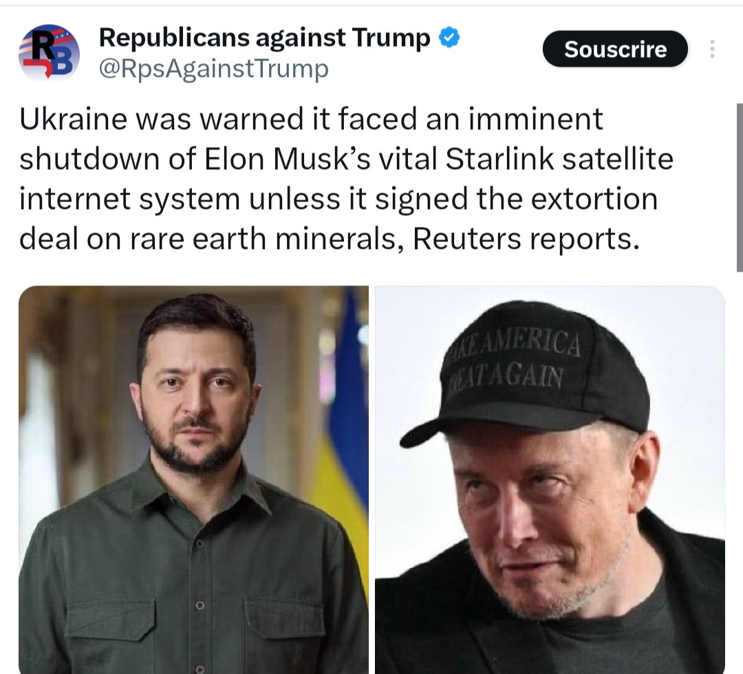 Nain_Portekoi's tweet photo. Donc les USA menacent de couper Starlink si les Ukrainiens n'acceptent pas de leur laisser 50% de leurs terres rares...
Sauras-tu deviner le nom du milliardaire américain qui a besoin de ces terres rares pour les batteries de ses voitures électriques ? https://t.co/bVCIc9UEXp