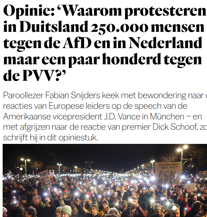 Matthijs85's tweet image. &quot;Waarom waren zoveel Nederlanders &apos;fout&apos; in de oorlog?&quot; parool.nl/columns-opinie…

“&quot;Ik zag J.D. Vance van achter de TV.
Zitten is het nieuwe knielen.
&apos;On bended knee is no way to be free,&apos; zei Peter R. de Vries ooit.
Tijd om de benen te strekken!” ✊ #fckafd #fckpvv