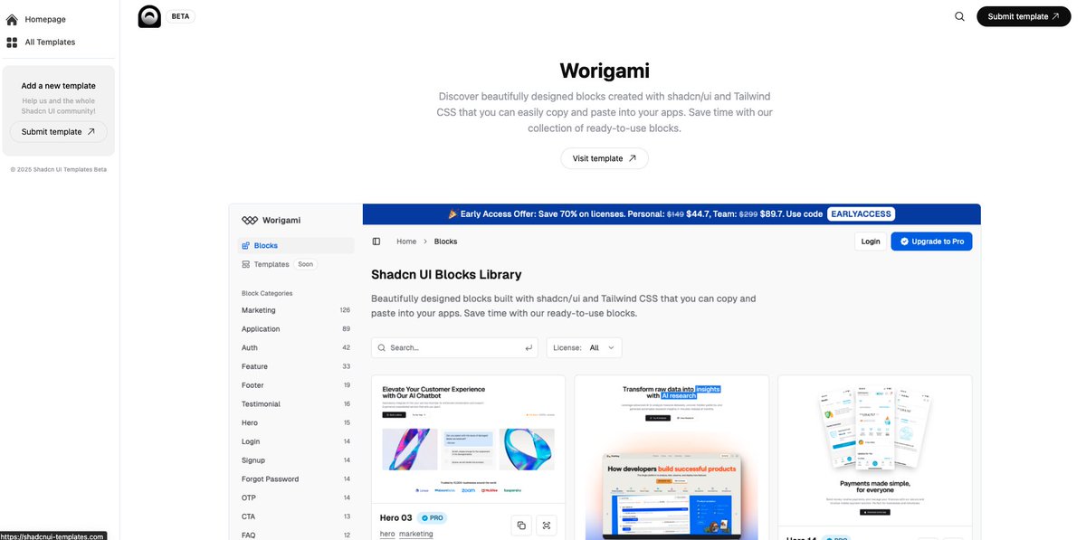 Worigami Shadcn Components is now featured on shadcn-templates.com ! 

We are happy that more and more projects are represented on the platform!

Checkout their work here, then add your own : shadcnui-templates.com/template/worig…!