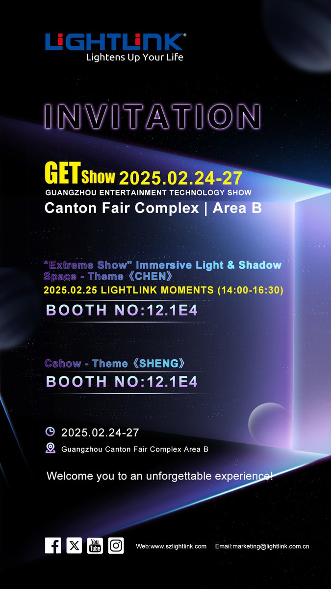 LightlinkLED's tweet image. Exciting News!📷#Lightlink will bring 2 BIG show at Guangzhou GETshow from Feb 24-27 at the Canton Fair Complex, Area B!
- Booth 12.1 E4: the immersive “Extreme SHOW” with theme “CHEN”!
- Booth 11.3 D5: the “Cshow” with theme “Sheng”!
#Lightlink #RentalLEDDisplays #GETshow2025